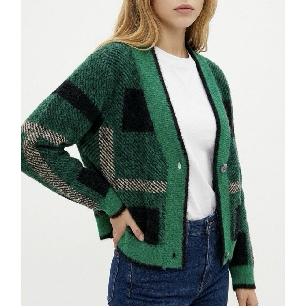 OLIVER O Women’s L Fuzzy Cardigan Sweater Green Plaid V Neck 4 Button